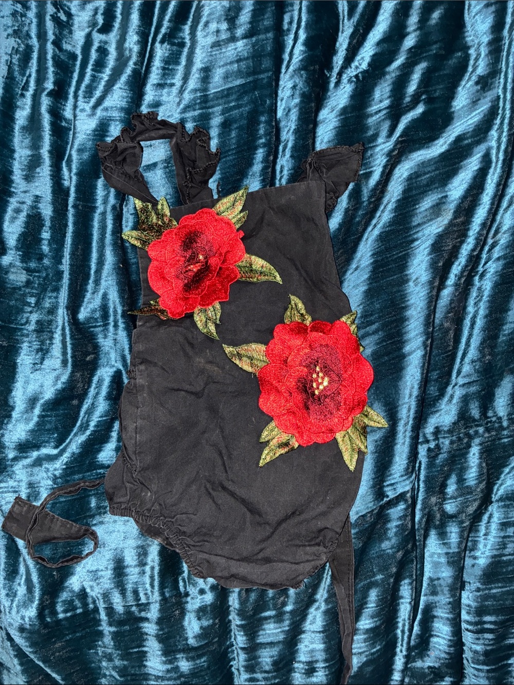 Black Kids One-Piece with Red Floral Appliqués